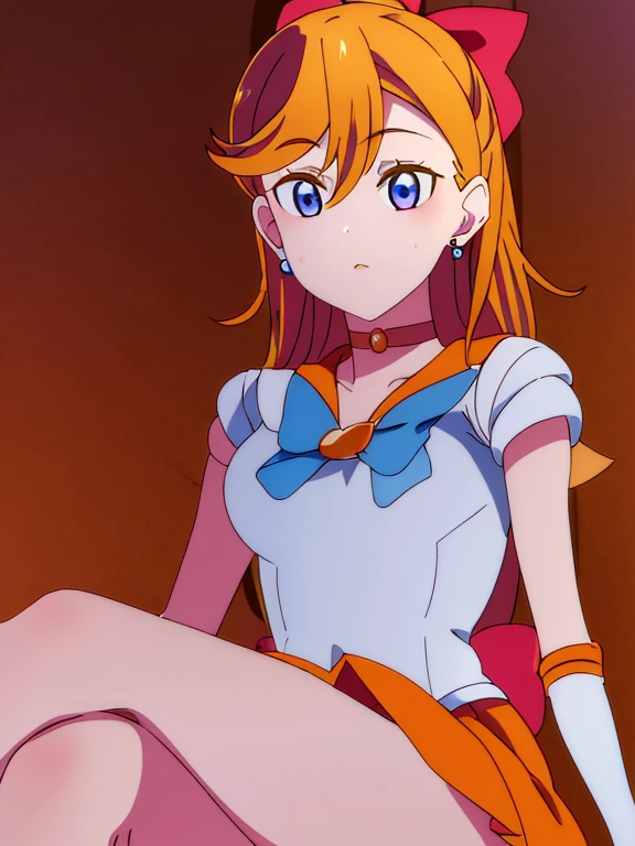masterpiece, best quality, highres, venus1, 1girl, solo, sailor senshi uniform, sailor venus, aino minako, blonde hair, magical girl, blue eyes, orange skirt, elbow gloves, tiara, pleated skirt, hair bow, orange sailor collar, miniskirt, choker, red bow, orange choker, white gloves, very long hair, jewelry, earrings, sitting, crossed legs,