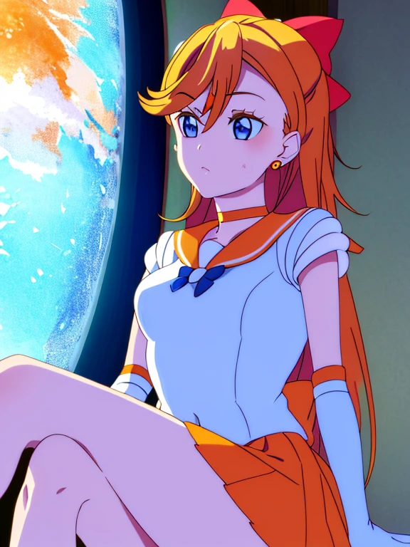 masterpiece, best quality, highres, venus1, 1girl, solo, sailor senshi uniform, sailor venus, aino minako, blonde hair, magical girl, blue eyes, orange skirt, elbow gloves, tiara, pleated skirt, hair bow, orange sailor collar, miniskirt, choker, red bow, orange choker, white gloves, very long hair, jewelry, earrings, sitting, crossed legs,