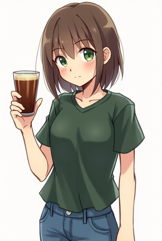A girl with a dark green sports blouse and blue jeans with shoulder-length brown hair and green eyes holds a glass with a chocolate cocktail. 2d pencil drawing and color drawing (as if drawn by a beginner in drawing. A drawing in the form of a small and finished sketch)