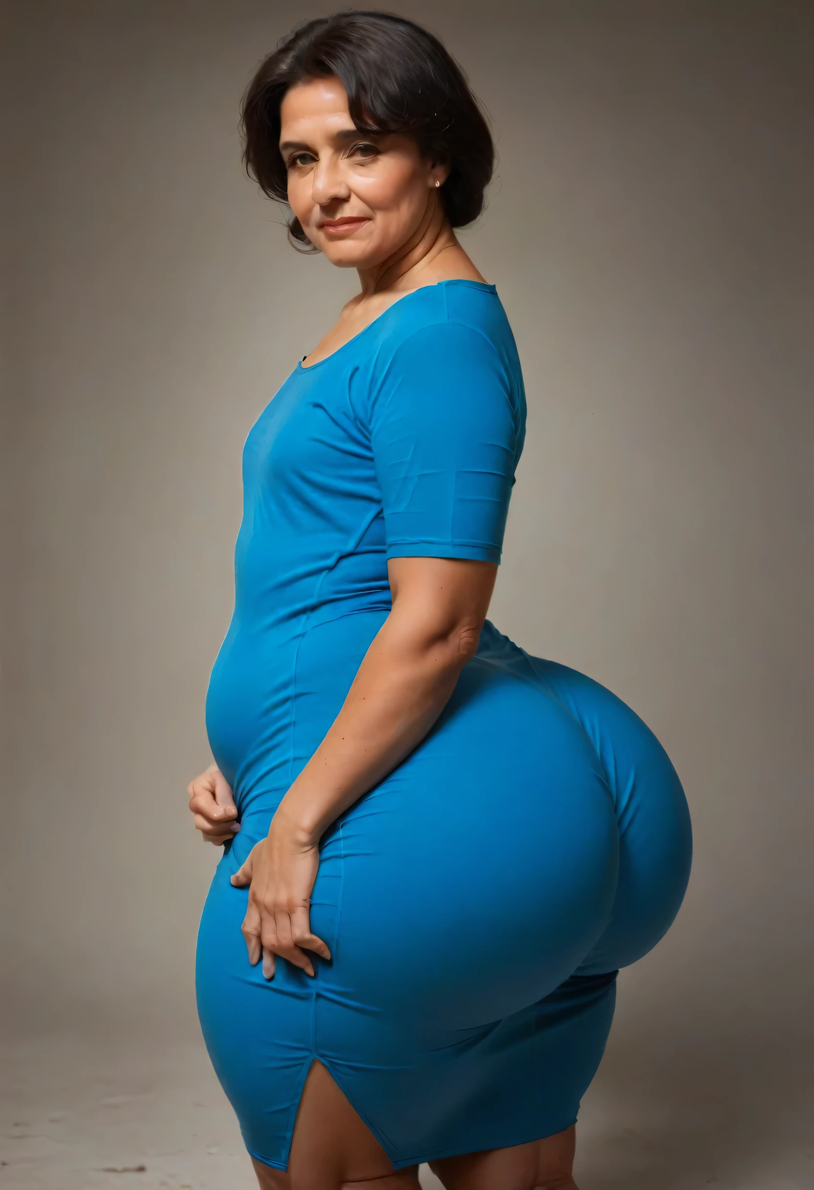 high resolution, (((Home environment))), (((mature hispanic girl ))), ((boba))), long black hair, hypdertailed, Broad Hips, thick-thighs, hourglass figure, small round chest, his head is turned looking at the viewer with a sadness, huge butt size, Brazilian butt lift, (She is wearing a tight blue dress), her ass is covered, (((a man of tales walking beside her))), ((he is in his 30s and is wearing a suite)), (((he is grabbing and groping her ass))), ((his hand is squeezing her ass)), (((her ass is being grabbed))), (((lateral view)))