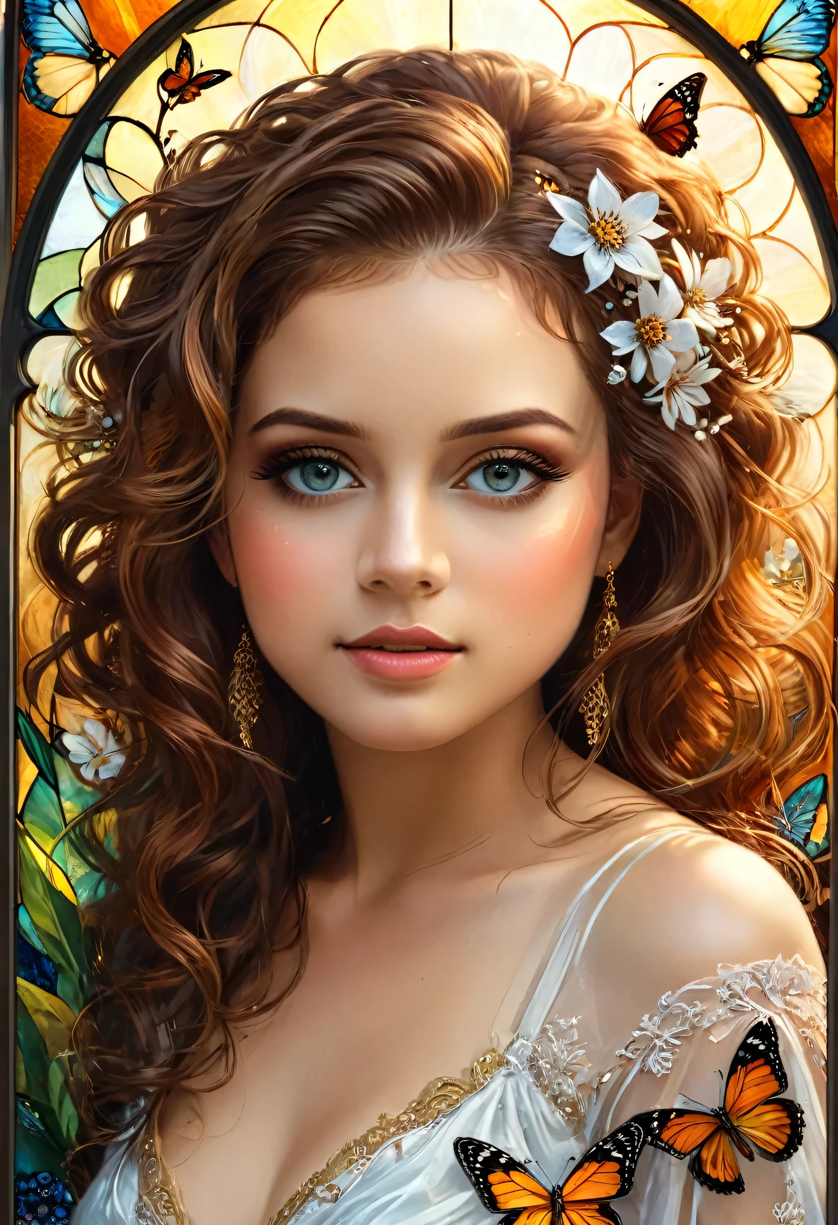 8k, half-length image of a beautiful and stunning girl, 23 years old, with intricate, curly brown hair, detailed and clear honey eyes, eyelashes and eyebrows 
 detailed and elegant, highly detailed, majestic, digital photography, artgerm art surreal painting golden butterfly filigree, broken colored stained glass, (masterpiece, side lighting, beautiful finely detailed eyes: 1.2), hdr, (detailed background window for a new dimension, plants and flowers: 0.7) infinity, infinity symbol.