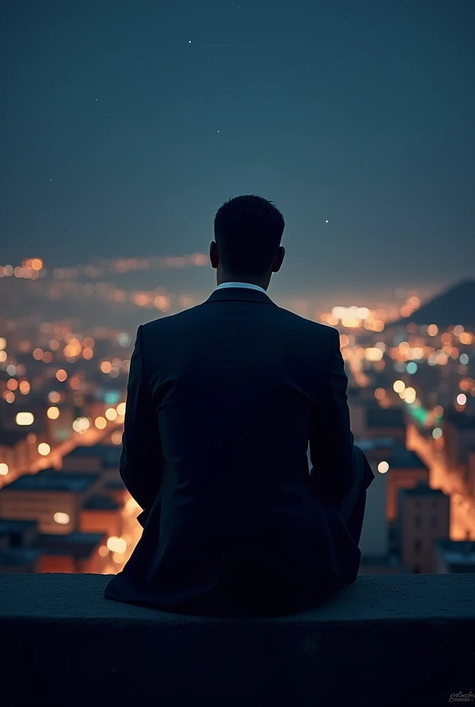 (photorealism:1.2) A man in a suit, You can only see his silhouette from behind, sitting on a ledge thinking about his life and in the background the city of Quito Ecuador. It&#39;s night and you can see the stars and the lights of the city.