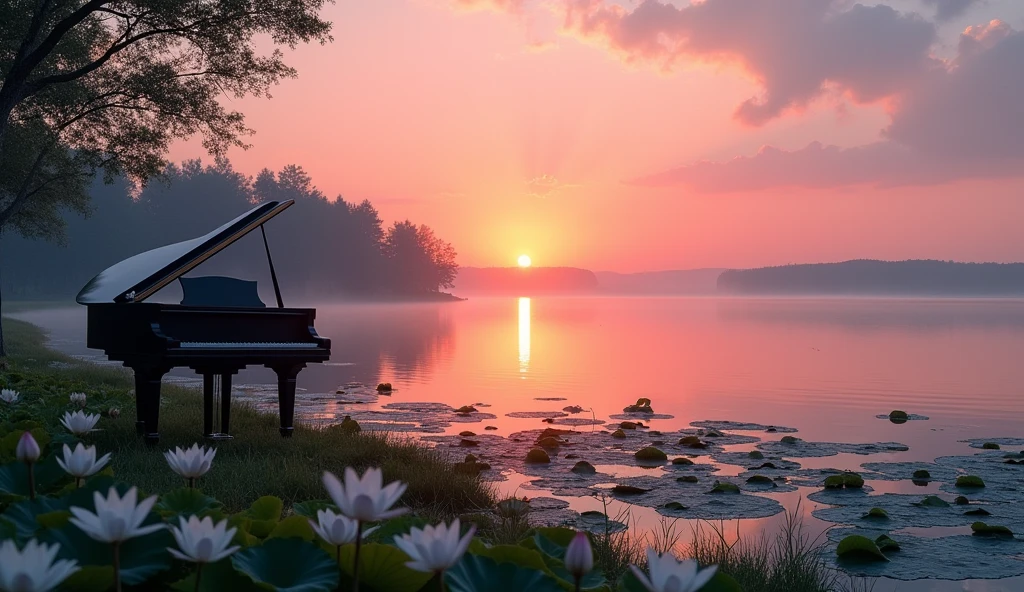 Sunset reflected on the vast lake、Trees in the distance々A series of silhouettes、Calm water surface of a lake at dusk、Pink and orange gradient sky、Light reflected on the water surface、Lush shore、White Lotus Flowers、A black grand piano on the shore