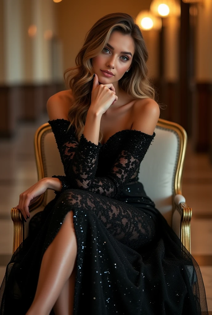 An image of a woman seated with poise in a grand interior. She crosses her right leg over her left, with a black sequined evening gown featuring a high slit. Her right hand touches her chin, and her left arm rests on her thigh. The gown has off-the-shoulder sleeves and a full skirt with a sequined hem. Wavy hair, strong depth of field of hotel indoor background, UHD, 32K