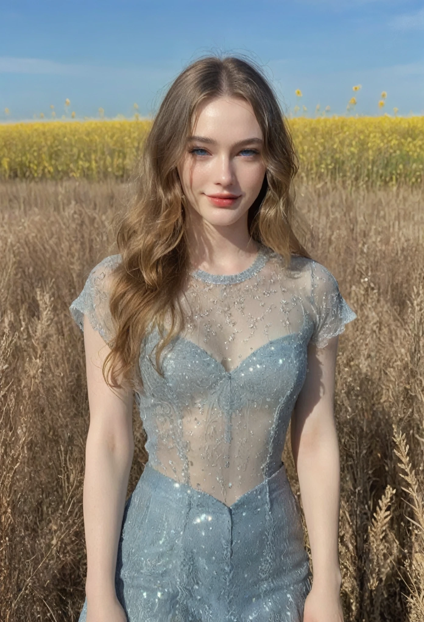 ((intricate details, pale skin)), solo, very detailed, detailed face, very long hair, picture of a beautiful young woman, NOT Dasha Taran, similar to Megan Fox face, sfw, ((natural blonde hair)), High Definition RAW Photography, 16k photography, (full body), standing, delicate facial features, pretty face, detailed full body, visible from head to knees, (bright sky-blue eyes:1.2), mesmerizing eyes, emotive longing expression, (cinematic, film grain:1.1), smiling, sunlight ilumination