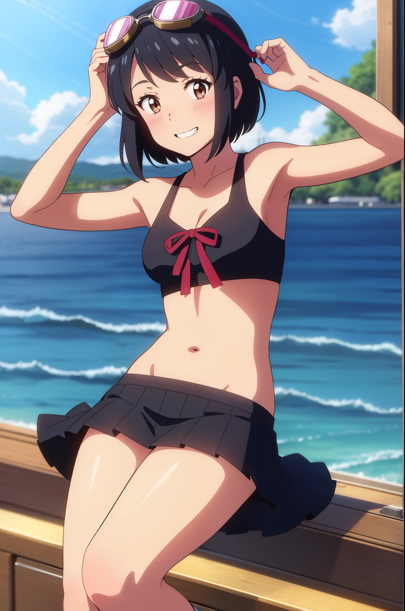 shinkai makoto, kimi no na wa., 1girl, bangs, black hair, blush, brown eyes, perfect face, looking at the viewer, idol costume, red ribbon, short hair, solo, shinny skin, smile, cute, open mouth, grin, hair ornaments, crop top, navel, goggles on head, skirt, On a yacht, Beautiful background, The background is a beautiful sea, joy, (masterpiece), best quality