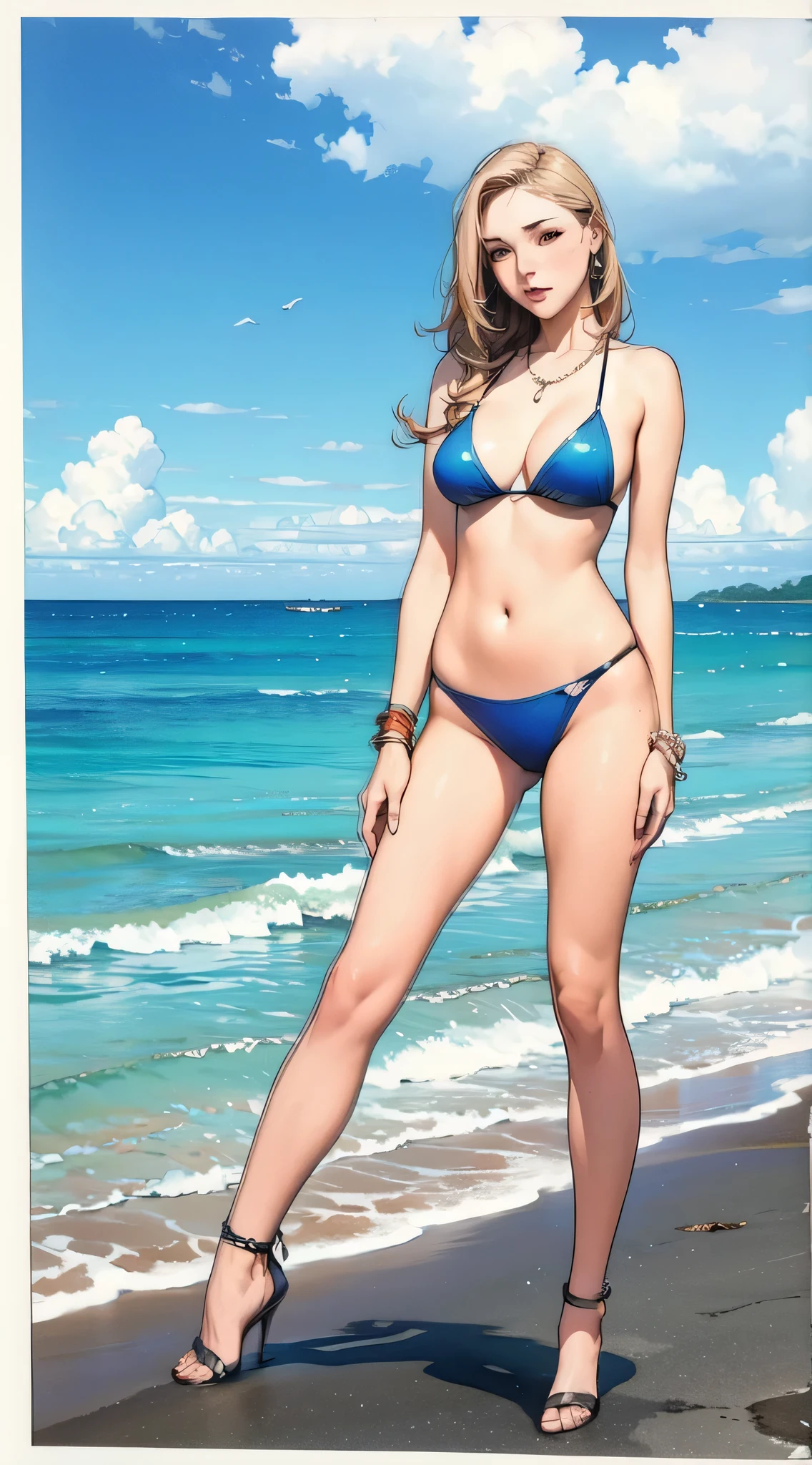 Rough watercolor sketch,Very beautiful eyes, Focus on the face line, Dripping watercolor, Ink outline, 32K resolution, Highest quality, Like a doll,Full body portrait,Swimwear,比基尼,blondes, Rolled hair,A composition that lets you see the feet,Anatomically correct,Natural and sexy pose,High heels,Water up to the knees,Swim ring,Ocean,Ocean,Ocean!An island in the distance,Seagull,Very detailed, High detail, High-resolution model, smile,カバー面積が多い比基尼,Earrings,necklace,bracelet,anklet,Earrings,ring,blondes,Eyes closed