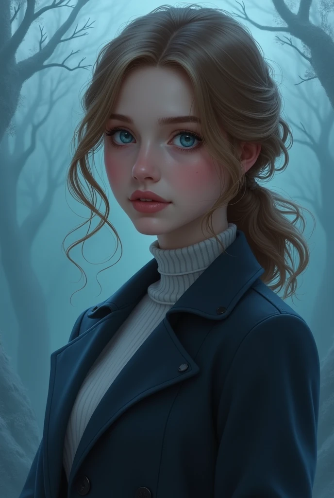 I liked the blue background light brown hair blue eyes just normal chest with confedence it must not be nice its must look smart or something 
