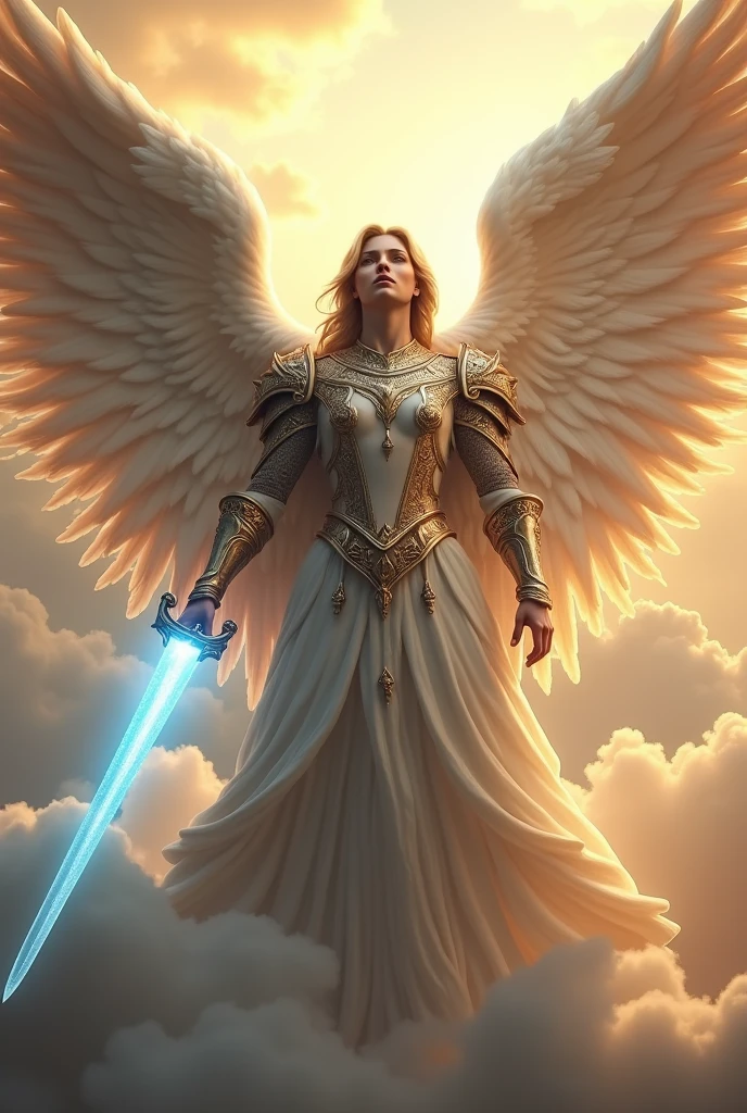(super realistico) (supreme image quality) (work of art)(beautiful perfect face)(super verbose)

"Create an image of Archangel Michael, depicted as a majestic, protective figure with large, resplendent wings. He is dressed in shining armor and holds a blue light sword.. the background is heavenly, with soft clouds and a golden aura around him. The image must convey power, protection and a sense of divine peace."