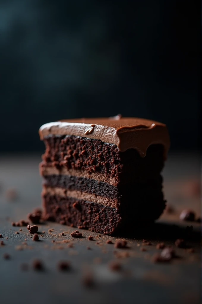 cinematic film still chocolate, chocolate cake, dark background, quality photo, moist texture, frosting, studio photo, slice . shallow depth of field, vignette, highly detailed, high budget, bokeh, cinemascope, moody, epic, gorgeous, film grain, grainy