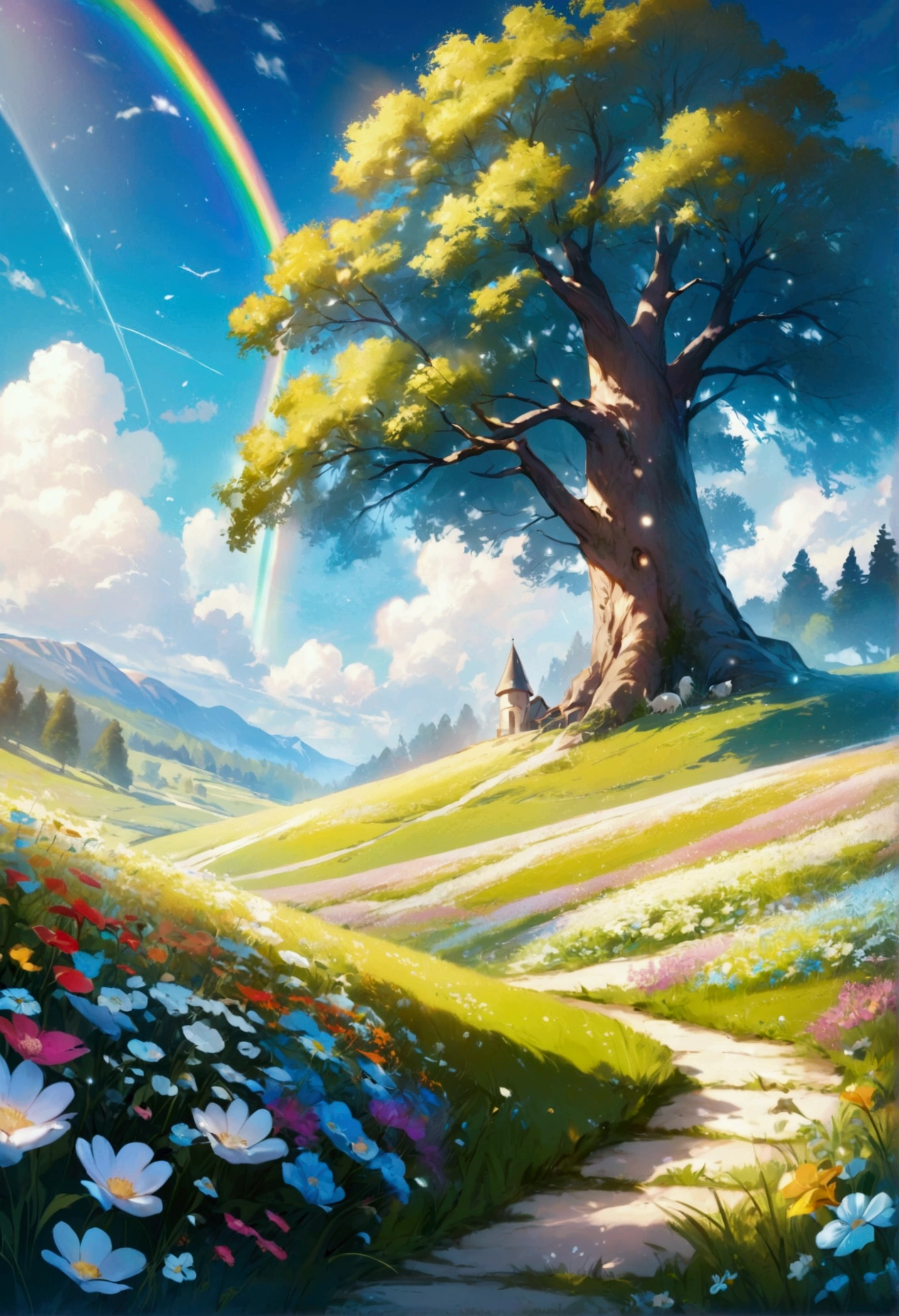 from low, the sky above, open fields below), blue sky, white clouds, floor, floorlight, fields, mountainscape, Trees, borboleta, meadows, flowers, Tuuli, floorshine, (dynamic composition: 1.4), rich details details, Rich in Color, (rainbow colors: 1.2), (luminous, atmospheric lighting), dreamers, magical,

