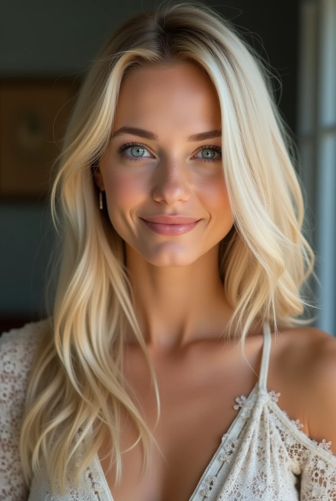 Create a female character who is a beautiful blonde woman with blue eyes. She must have a charming personality, with a combination of intelligence, charisma and sensitivity. Describe it in detail, including your fashion style, hobbies, and a brief life story that shows how she became the incredible person she is today. photo of her with straight hair, she smiling a lot!
