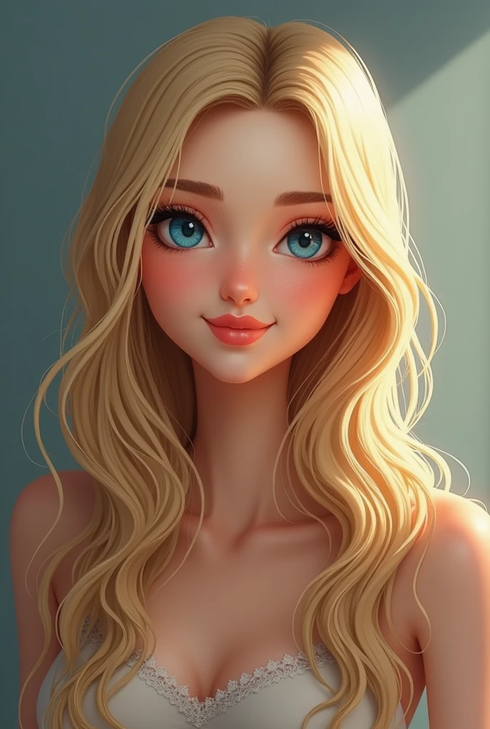 Create a female character who is a beautiful blonde woman with blue eyes. She must have a charming personality, with a combination of intelligence, charisma and sensitivity. Describe it in detail, including your fashion style, hobbies, and a brief life story that shows how she became the incredible person she is today. photo of her with straight hair, she smiling a lot!
