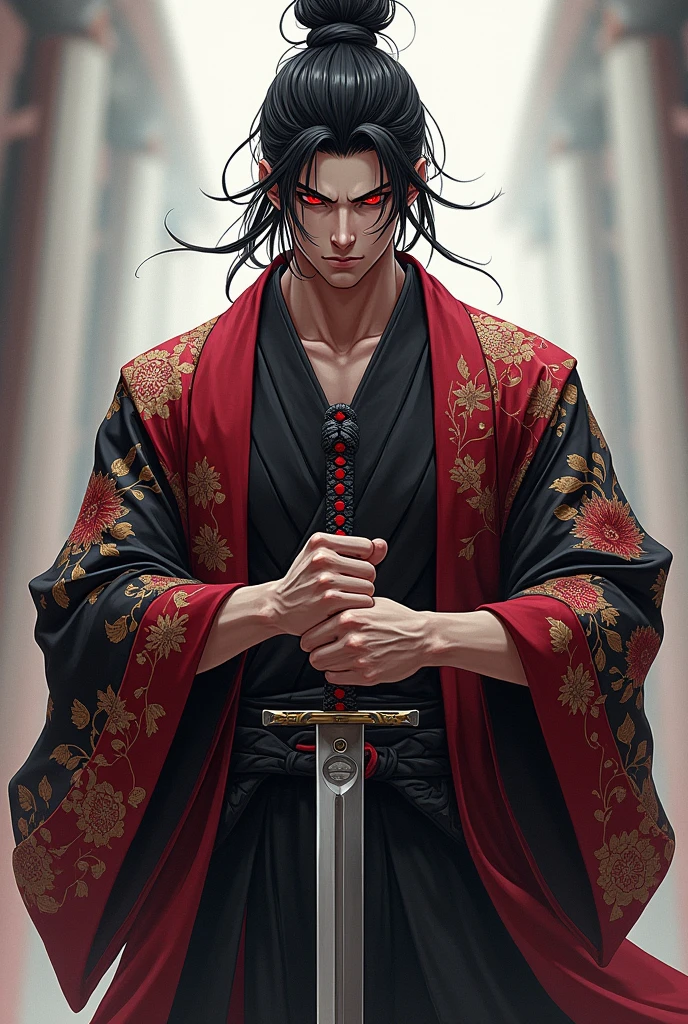 Create a This athletic male character of 2.30 meters dark-haired man has a striking presence holding a sword. Her black hair is tied in a high bun, with loose strands falling softly around her face, accentuating his sharp features. Their eyes, penetrating and red in color, convey an intense and calculating look, implying that he is someone with great power and a strategic mind.He wears an elaborate kimono, adorned with intricate patterns in red, black andwhite, symbolizing a mix of Wano traditions and a dark twist that may hint at its Teach heritage