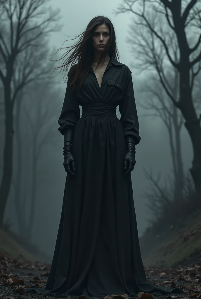A full-body image of a powerful, stylish, and charismatic character standing confidently. The character has a dark, mysterious vibe with minimal clothing, focusing on the character's form and stance. The character's outfit should be sleek and form-fitting, without unnecessary details, emphasizing simplicity. The camera is positioned in the middle, capturing the character head-on. The background is dark and moody, with ominous clouds and barren trees, creating a nightmarish or dystopian setting." Without clothes