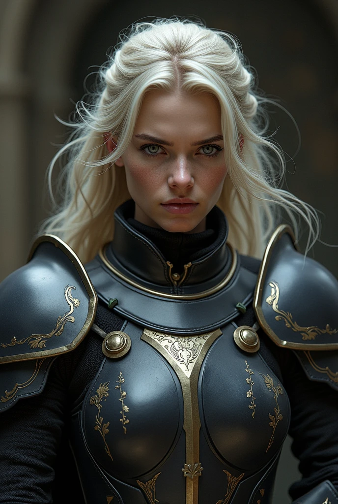 a close up of a woman in armor holding a sword, female warrior, bikini armor female knight, fantasy warrior, beautiful armor, female knight, of a beautiful female knight, by Tyler Edlin, stunning armor, gorgeous female paladin, a sexy blonde warrior, pale black armor, dark elf, ((photography)), beautiful female warrior, elf warrior