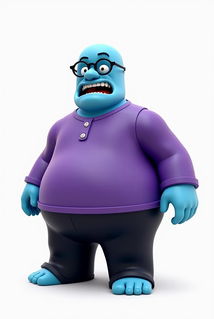 bald guy, obese, sky blue skin, purple shirt with long sleeves, black pants, Roblox style, white background only, wears glasses, I SAID ROBLOX STYLE, DONT MAKE KG REALISTIC , crazy face