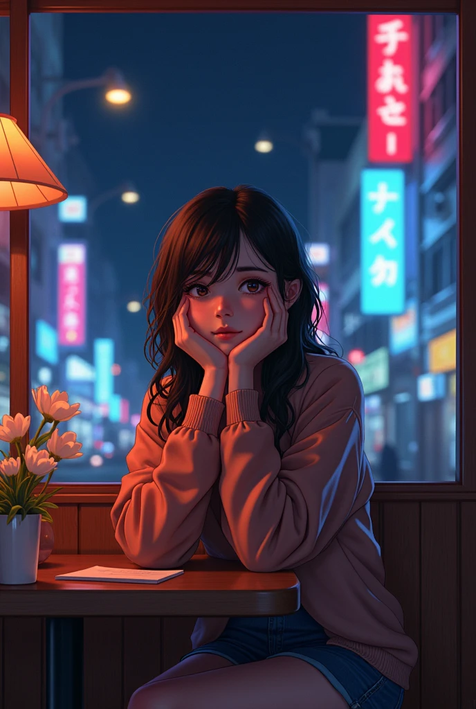 Night Cafe、Beauty、Looking outside、university student、Stylish、woman、Wavy Hair、Cheek resting on hand、2D、Anime characters、Waiting for someone、Competition clothes、Summer knitwear、Neon Town、両手でCheek resting on hand、Looking outside、Sidelong glance、両手Cheek resting on hand、Japan