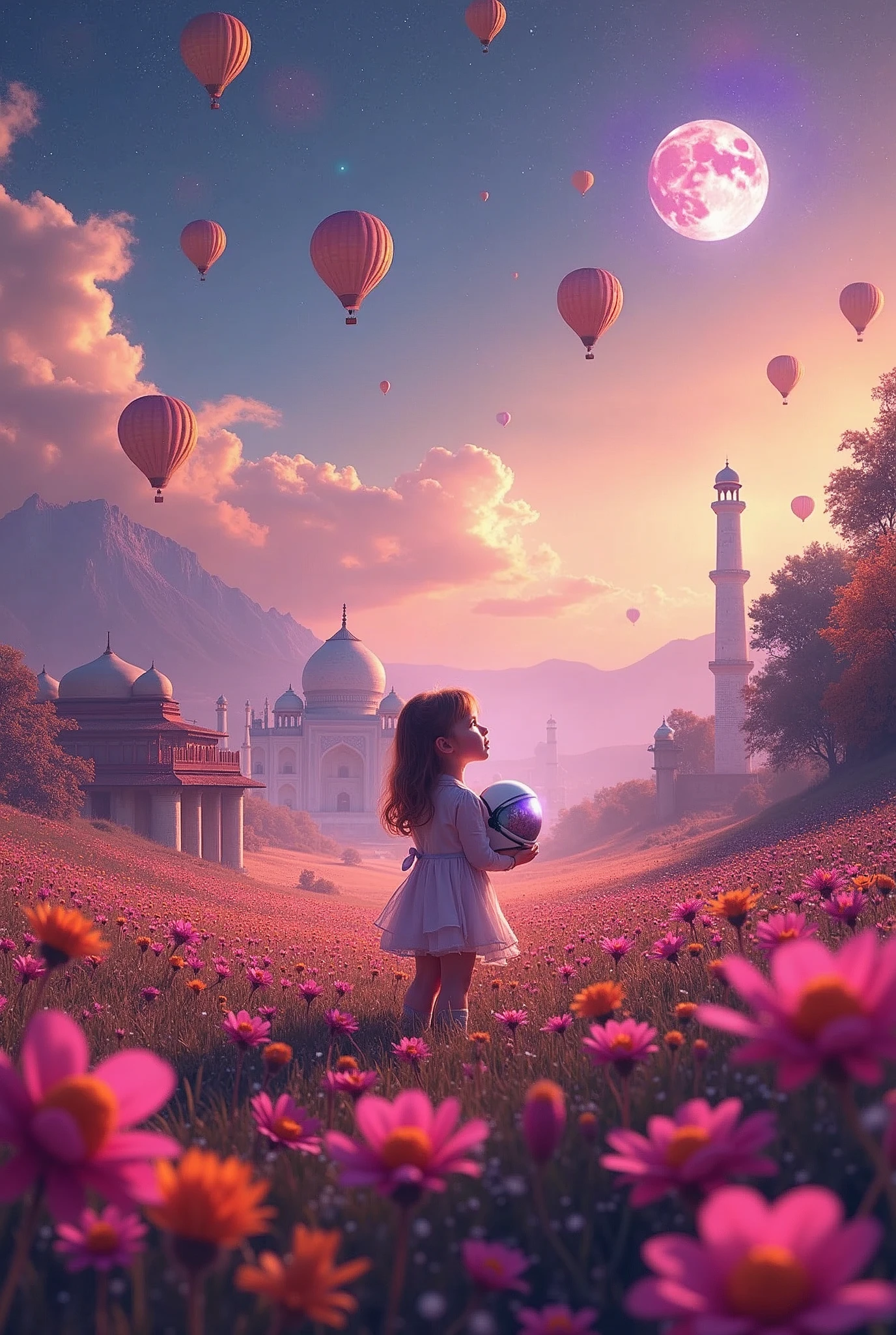 Vast landscape photography , (A view from Top, floating clouds above and the North Indian wide fields below), A girl standing in a flower field looking up, she is holding an Astronaut Mask, surrounded by colorful hot air balloons, Elephants dressed as clowns, Flying cats, Dogs, (full moon:1.2), (Taj Mahal:2.1),(Kutub Minar:1.2)( shooting star:0.9), (nebula:1.3), Distant Mountain, Tree break Production Art, (Warm light source:1.2), (fire Fly:1.2), lamp, Lots of purple and orange, Intricate details, Volumetric lighting, Realism Break (masterpiece:1.2), (highest quality), 4K, Super detailed, (Dynamic configuration:1.4), Very detailed, Colorful details,( Rainbow-colored:1.2), (Shining Lights, Atmospheric lighting), dream-like, Magic, (alone:1.2), Detailed girl face