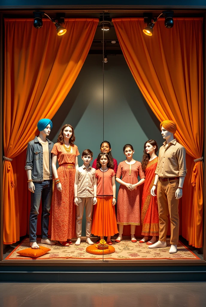 Store window displays ideas for raksha bandhan reliance trends add mannequins also shows some kind of story in it reliance trends in retail store for clothing add a feel for Rakhi the main element is missing so add that this will be in-store display so make sure it should be perfect this is a festival of brothers and sisters no generated more realistic one which shows Indian culture add entire family into the idea 