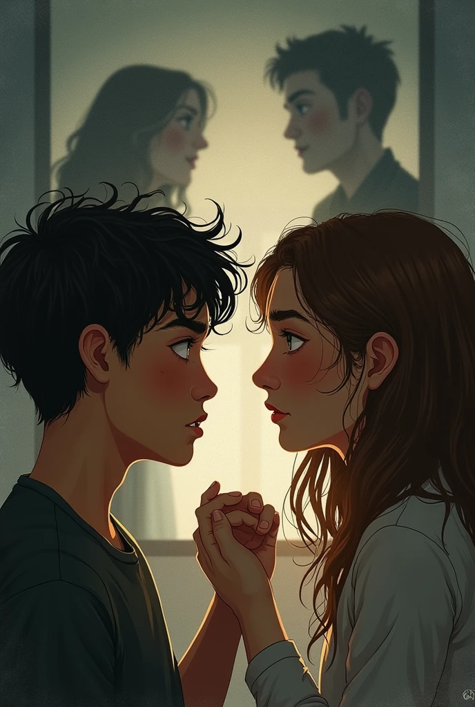 On one side, you could illustrate the current partner with an expression of concern or insecurity, watching the partner interacting with photos or memories of the former partner. In the background, there could be shadows or silhouettes of the former partner, symbolizing her presence even when she is not physically there. On the other side, the partner could be trying to comfort the current partner with loving looks and supportive gestures, but his or her expression could also show slight discomfort, as if he or she is aware of the tension. This would help to convey the complexity of feelings of jealousy and insecurity, even in the face of comforting words.