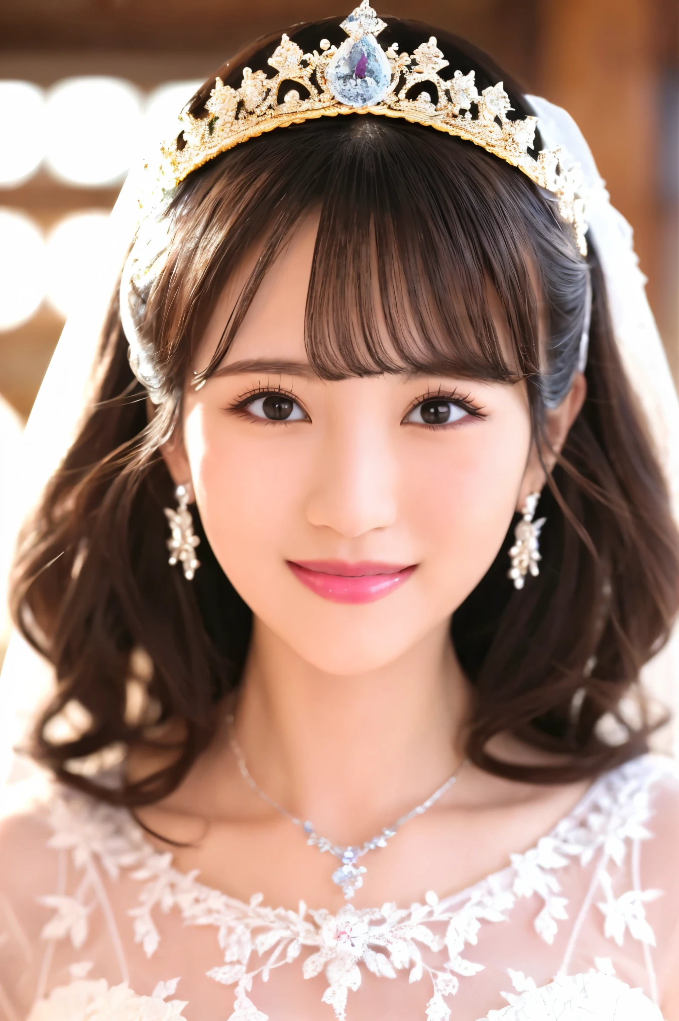 (Highest quality、Tabletop、8k、Best image quality、Award-winning works)、One beautiful bride、(alone:1.1)、(The most extravagant and gorgeous huge wedding dresses:1.1)、(Perfect Wedding Lace:1.2)、(The most extravagant and luxurious giant tiara:1.1)、(The most extravagant and luxurious giant necklace:1.1)、The most beautiful smile is looking at me、A wide selection of the finest jewelry、Perfect Makeup、Long eyelashes、Ultra HD Shining Eyes、Ultra HD Hair、Ultra-high resolution glossy lips、Ultra High Resolution Perfect Teeth、Beautiful face in ultra-high definition、(Accurate anatomy:1.1)、(Very bright and beautiful skin:1.2)、(very bright and vivid:1.2)、(Blurred fresh natural background:1.1)、Full body photo