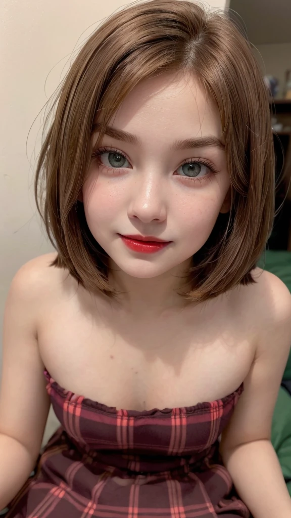 (Short haircut)), adorable, 1 fille rousse, (face to face), 10 ans, , blissful, portrait demi-corps, (facial details: 1), (Eye details: verts), ((smalll breasts)). Fille rousse, russet hair, yeux verts, ((Short plaid skirt)), ((Red lips)), ((strapless))