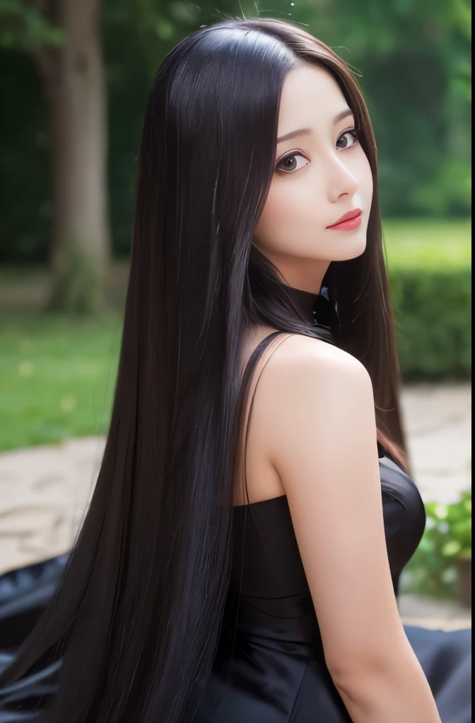 masterpiece, Highest quality, One girl, alone, ((Mature Woman)), Round pupils, Extra Long Hair, Silky Hair, Princess, Black long dress, Fantasy, Happy, View your viewers, Ultra high definition, Realistic, 8k Raw Photo:1.5, 
