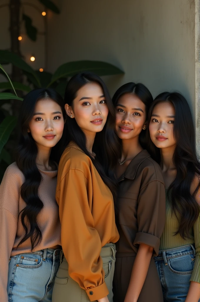 Five very beautiful Indonesian women, wearing modern casual clothes, take a photo together in a very intimate setting against a hyper realistic, cinematic high resolution wall.
