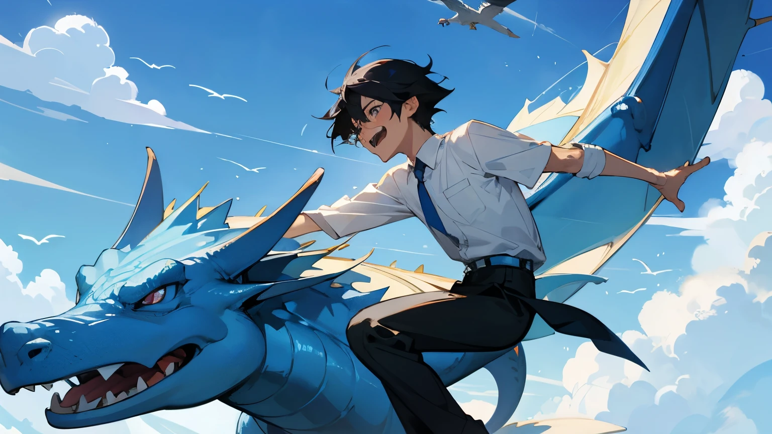 clear blue sky、Astride a Blue Dragon、Flying in the sky、male、20-year-old、Black Hair、smile、Full of hope、アニメのmale、cool、White collared shirt、Lively、Highest quality、Masterpiece、bright、laughing、Serious face、Flying in the sky、