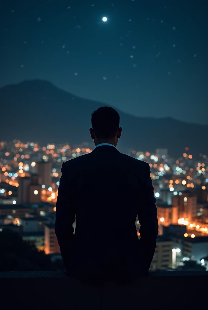 (photorealism:1.2) A mestizo man in a suit, You can only see his silhouette from behind, sitting on a ledge thinking about his life and in the background the city of Quito Ecuador. It's night and you can see the stars and the lights of the city.