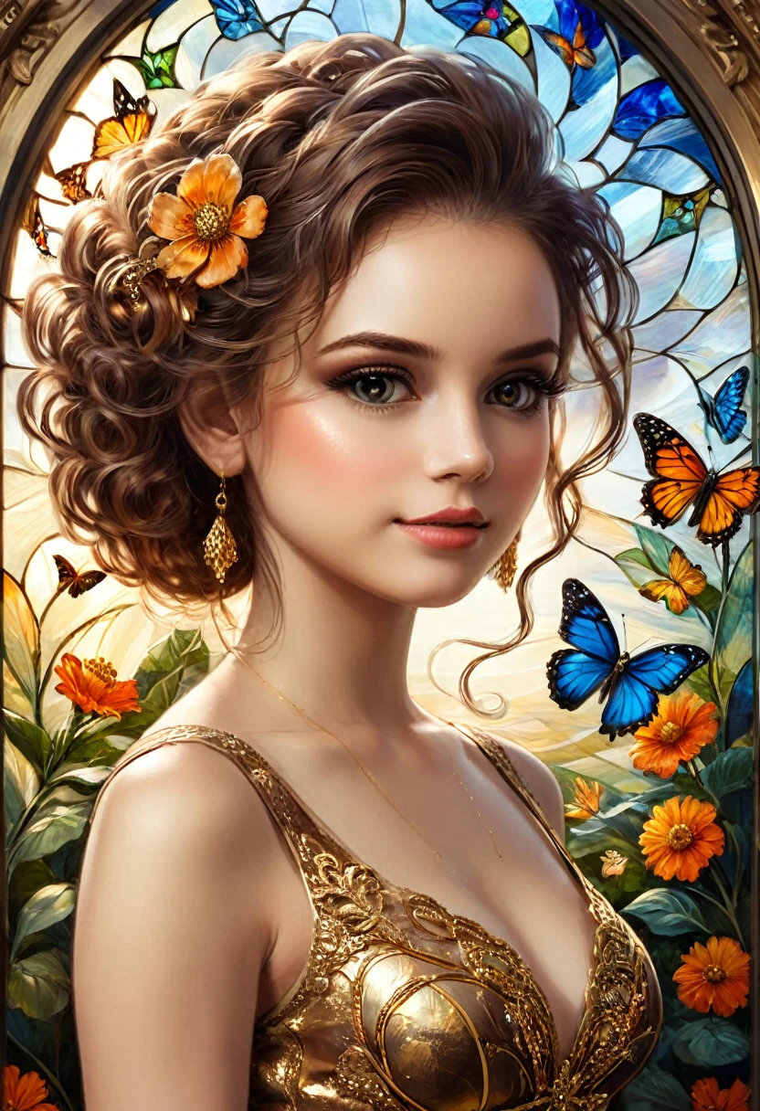 8k image, on body from the waist up, a beautiful and stunning girl, 23 years old, with curly, intricate brown hair, detailed and clear honey eyes, eyelashes and eyebrows
detailed and elegant, highly detailed, majestic, digital photography, artgerm art surreal painting golden butterfly filigree, broken colored stained glass, (masterpiece, side lighting, beautiful finely detailed eyes: 1.2), hdr, (detailed background window for a new dimension, plants and flowers: 0.7) infinity, infinity symbol.
