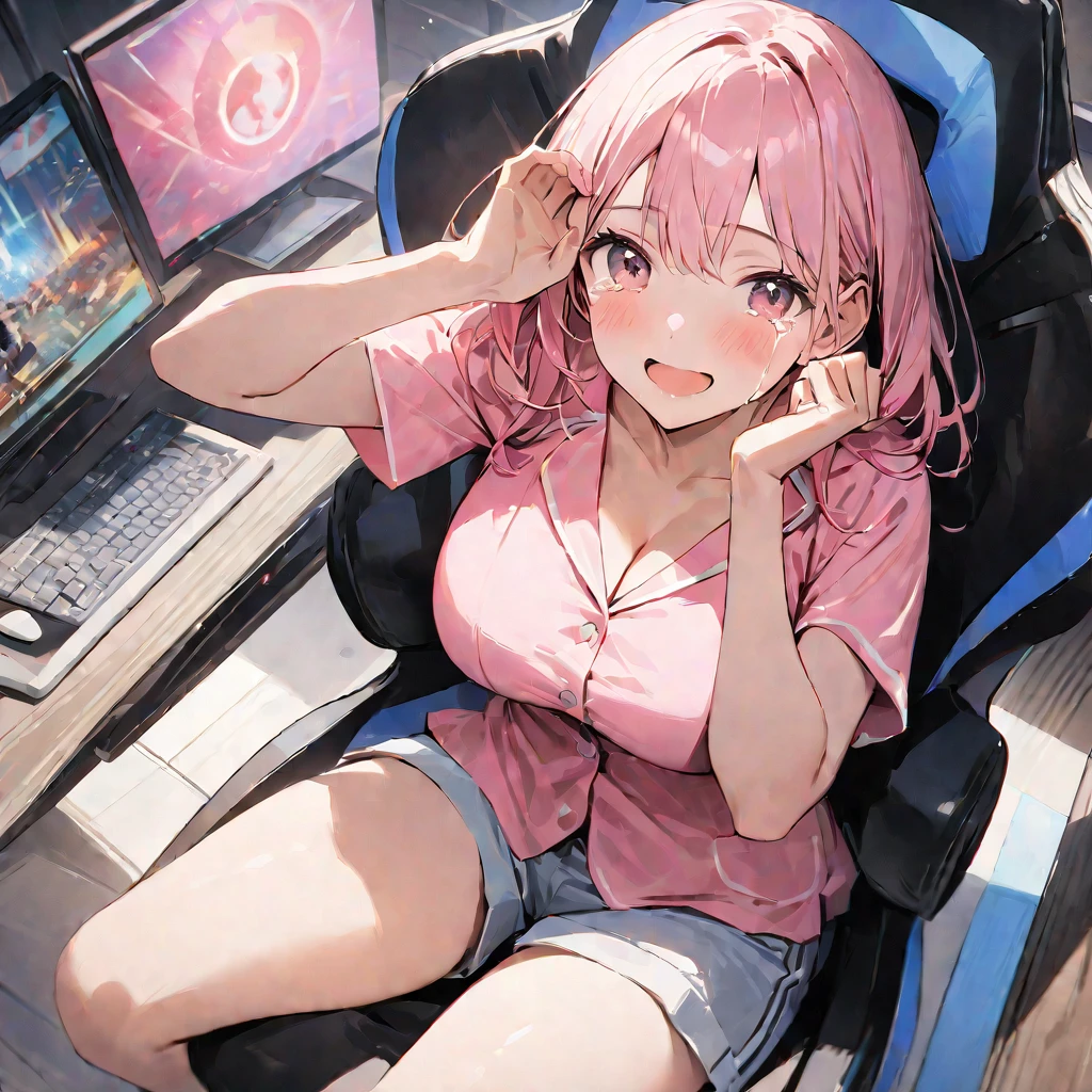 Big Breasts、Wearing plain pink pajamas、Wearing short plain shorts、Sitting on a gaming chair、whole body、uhd、(masterpiece:1.2)、Best Quality、High resolution、Award-winning、Highly detailed her、Pink hair&red、Happy crying face、Tears of joy、Crying happily、Hands in moon pose