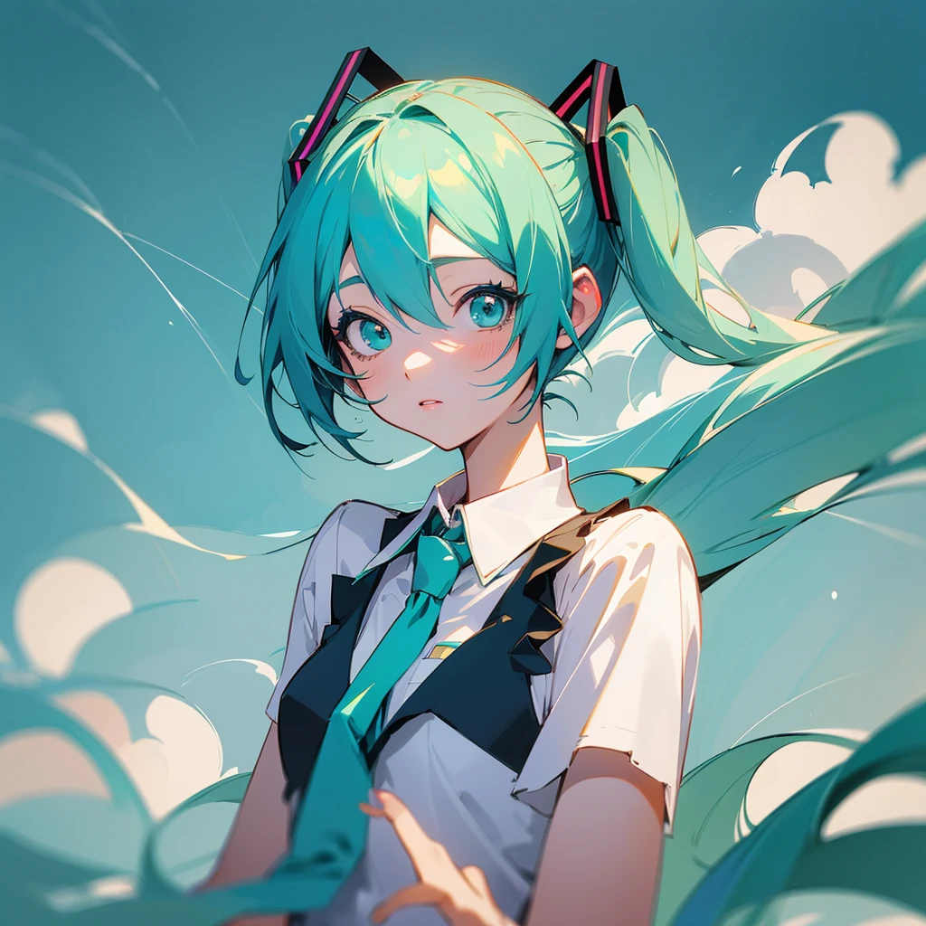 anime girl with blue hair and green eyes in a white shirt, mikudayo, hatsune miku short hair, anime girl with teal hair, hatsune miku, portrait of hatsune miku, miku, twintails, seductive anime girl, top rated on pixiv, hatsune miku portrait, anime moe artstyle, at pixiv, hatsune miku face, anime girl
