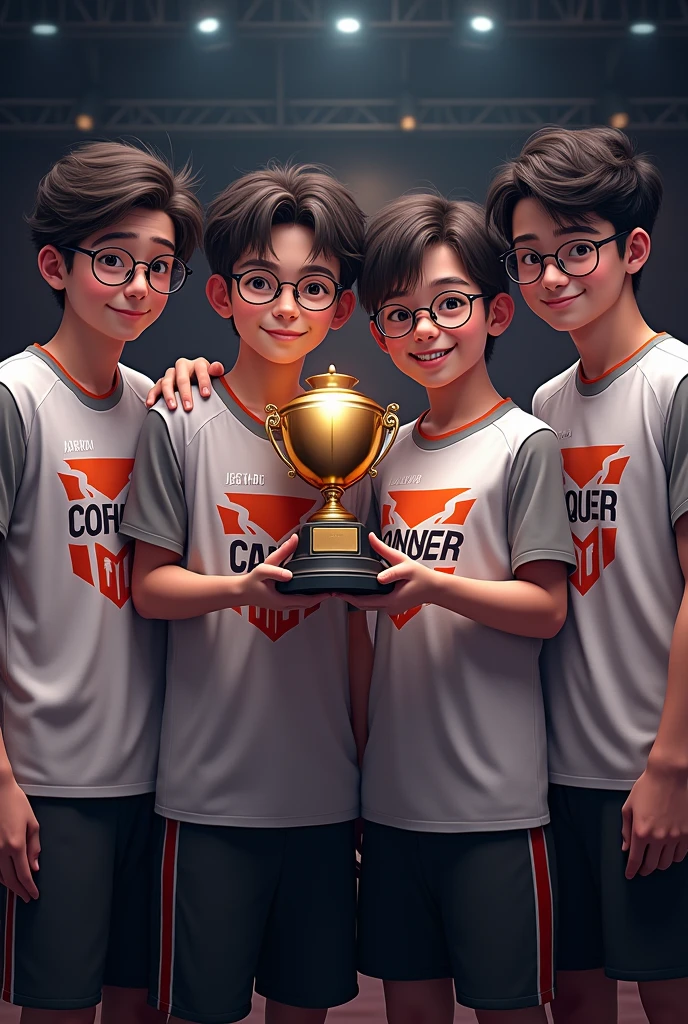 Four gamer boys are showing trophy and four boys t-shirt writing " We Conquer " with conquer logo. Four boys age 20 and putting Glasses.