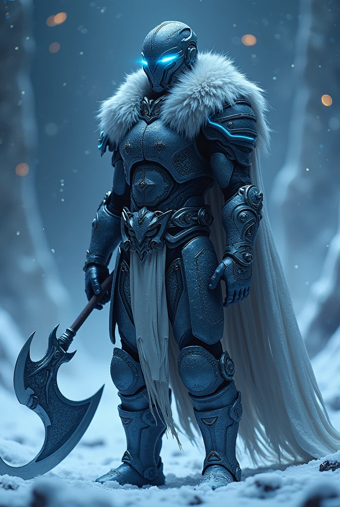 A futuristic warrior stands in a snowy, ethereal landscape. Clad in a sleek, high-tech suit of armor with glowing blue accents, his helmet features glowing eyes. The suit incorporates fur around the shoulders, adding a primal touch. The warrior holds a futuristic, double-edged battle axe, its surface glimmering with neon lights. The background features a swirling night sky with shimmering particles and distant glowing orbs, suggesting a cosmic or otherworldly setting. The overall scene exudes a blend of ancient warrior aesthetics and advanced technology.