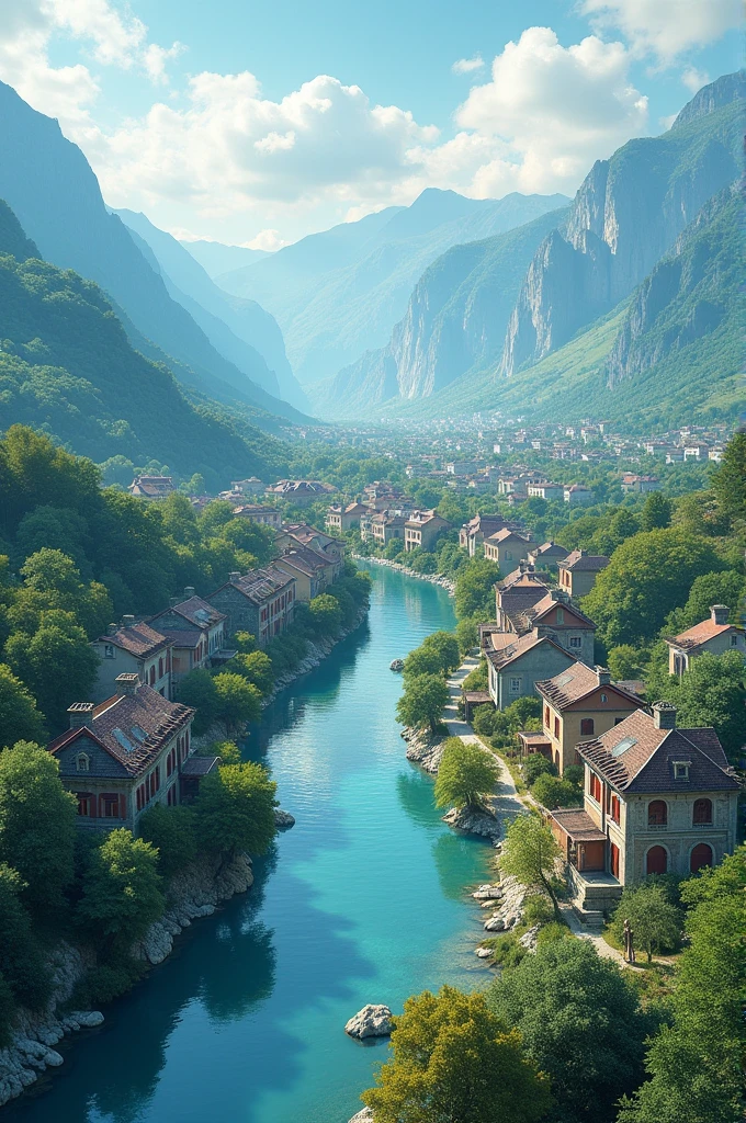 Inland city with a river on the border with another city with mountains and forest, only houses, no buildings 
