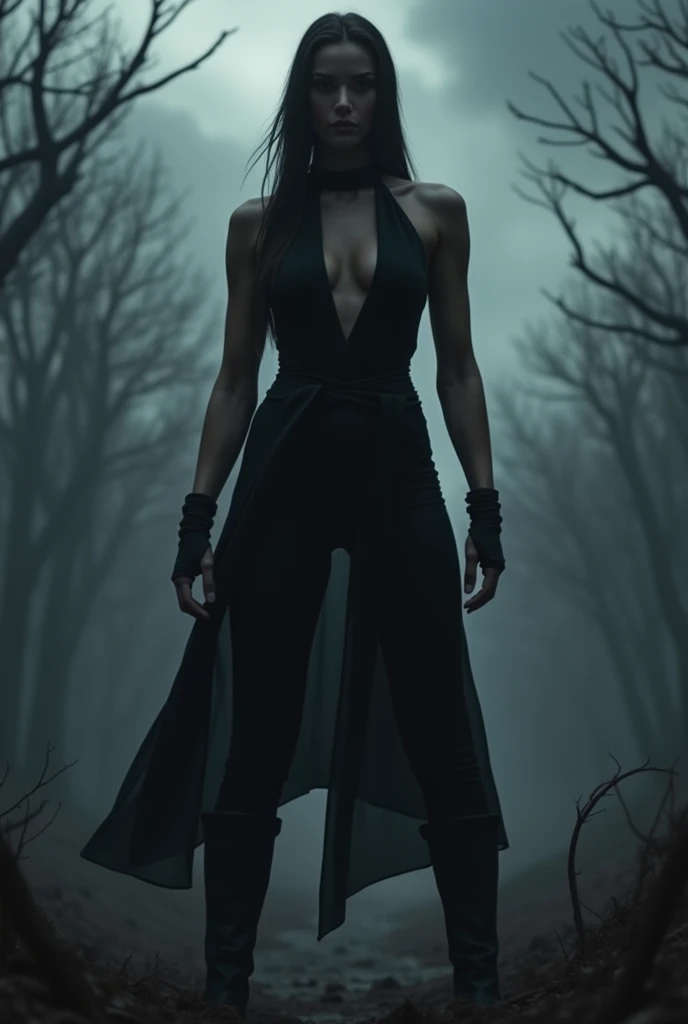 A full-body image of a powerful, stylish, and charismatic character standing confidently. The character has a dark, mysterious vibe with minimal clothing, focusing on the character's form and stance. The character's outfit should be sleek and form-fitting, without unnecessary details, emphasizing simplicity. The camera is positioned in the middle, capturing the character head-on. The background is dark and moody, with ominous clouds and barren trees, creating a nightmarish or dystopian setting." Without clothes