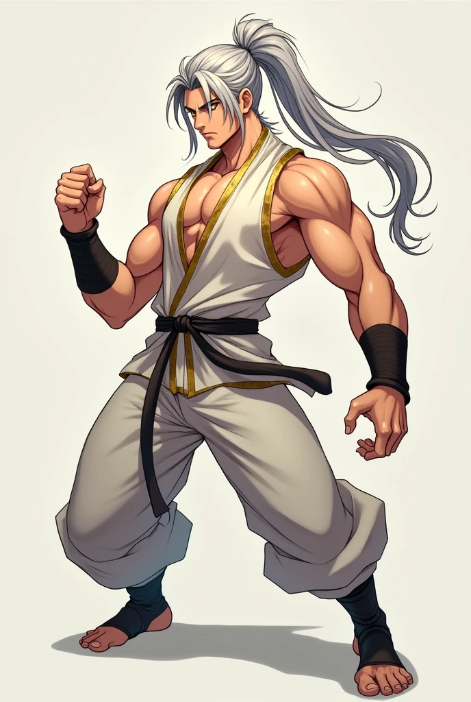 I would like to make an anime version, I want a character with long silver hair and a ponytail, outstanding golden oriental eyes and fearsome, male boxer style fighter skilled enough to destroy enemies, slim and strong body, preference for light-colored clothes with black and gold features