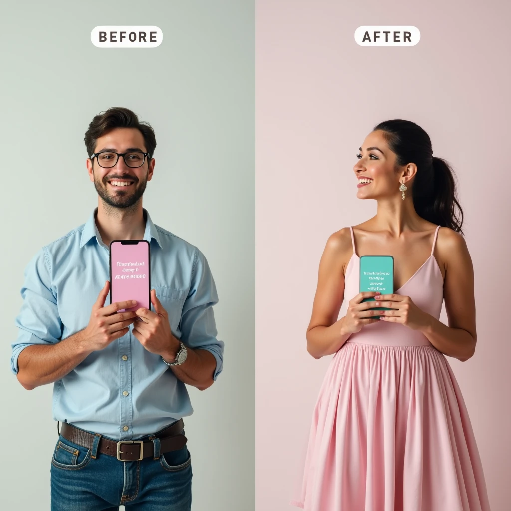 a before and after image. In the before frame, a man is holding a cell phone that says “press here to change your gender” with a big colorful button. In the after frame, he has transformed into a girly feminine woman doppelgänger of himself wearing a dress holding the same phone that says “transformation complete” with the same plain background. She has a euphoric smile