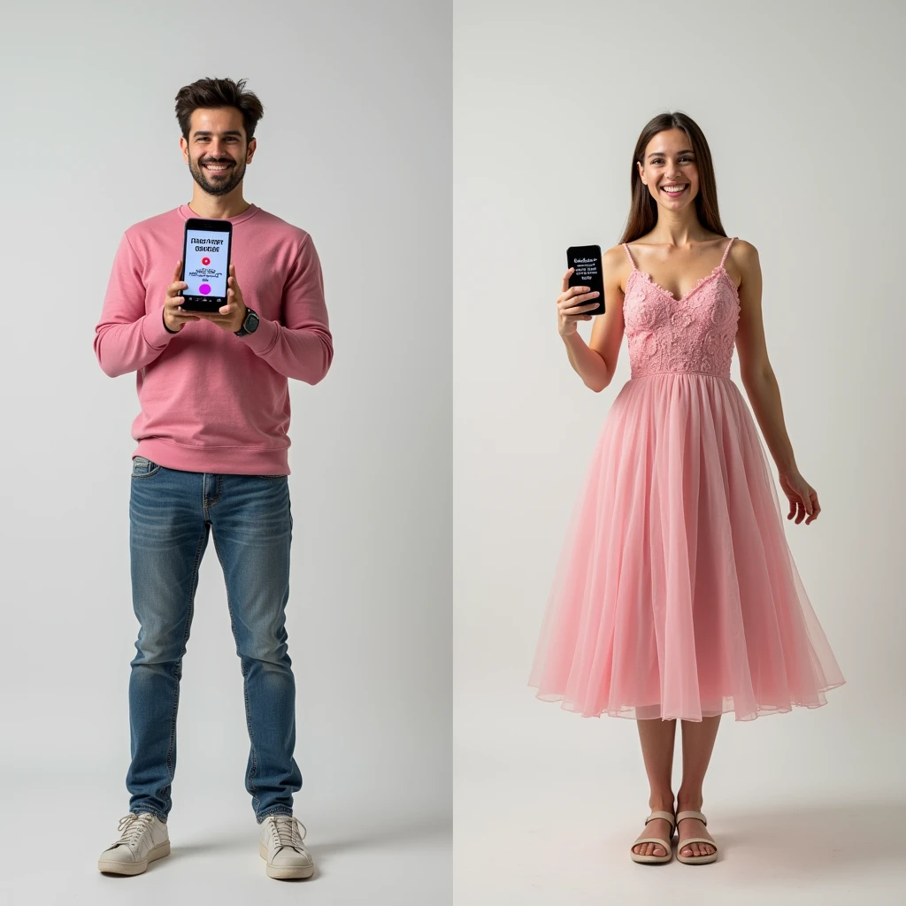 a before and after image. In the before frame, a man is holding a cell phone that says “press here to change your gender” with a big colorful button. In the after frame, he has transformed into a girly feminine woman doppelgänger of himself wearing a dress holding the same phone that says “transformation complete” with the same plain background. She has a euphoric smile