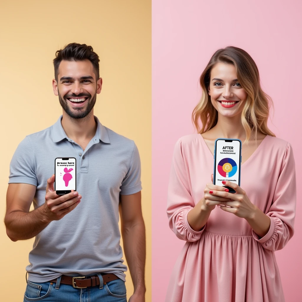 a before and after image. In the before frame, a man is holding a cell phone that says “press here to change your gender” with a big colorful button. In the after frame, he has transformed into a girly feminine woman doppelgänger of himself wearing a dress holding the same phone that says “transformation complete” with the same plain background. She has a euphoric smile