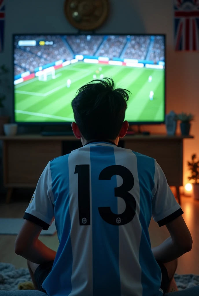 A 18 years old boy is watching Argentina football match on TV the boy's name is JIHAD and jersey number 13 is written on the jersey