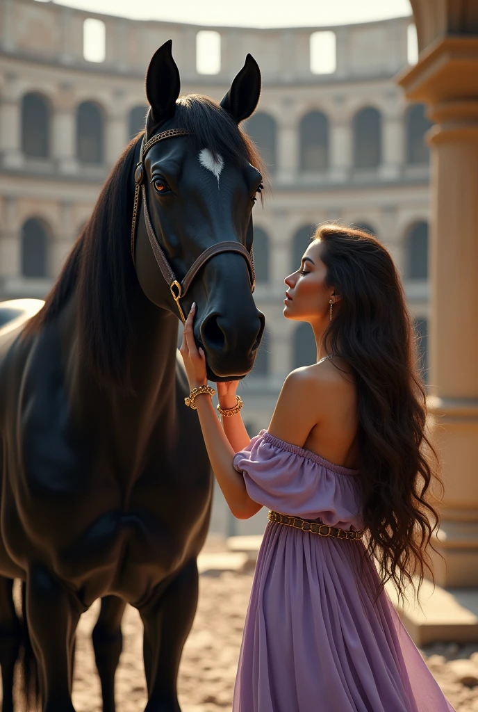 (photorealism:1.2), beautiful woman, petting a black horse in a roman coliseum. She has brown hair and wears a lilac-colored dress and is wearing gold shackles..