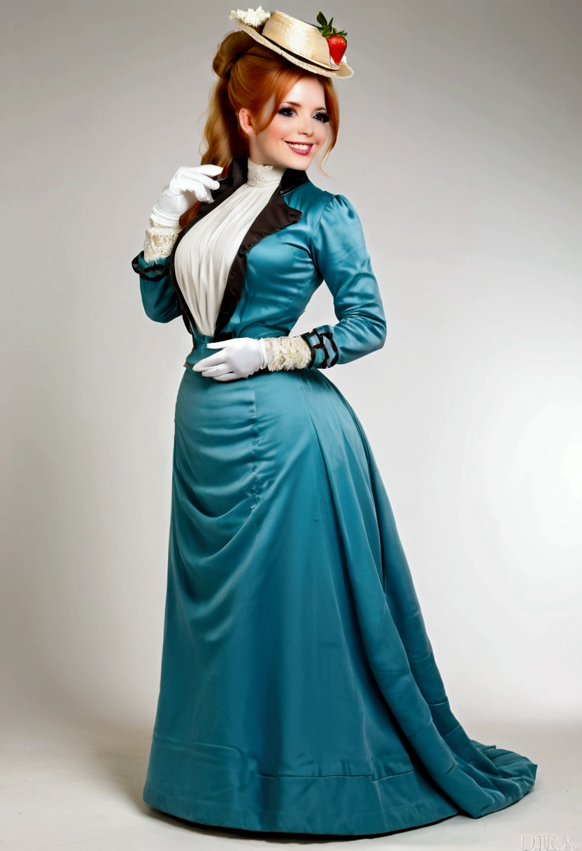 1girl. Humanized Daisy Duck as a hot **** Gibson Girl nympho, seducing a horny 69yo gentleman. 1890s fashion. Victorian high-collar turquoise dress with long sleeves cuffed into wrist-high white silk gloves. Sheer peek-a-boo top. 1890_dr3ss, elegant picture hat. (((Strawberry blonde hair))). Large bosom, 9-inch wasp waist, big booty. Thicc thot. Slutty demeanor. Sexy pose. Porcelain skin. Full body. Reddish blonde hair. Dimple cheeks. Big, coquettish smile. Full lips