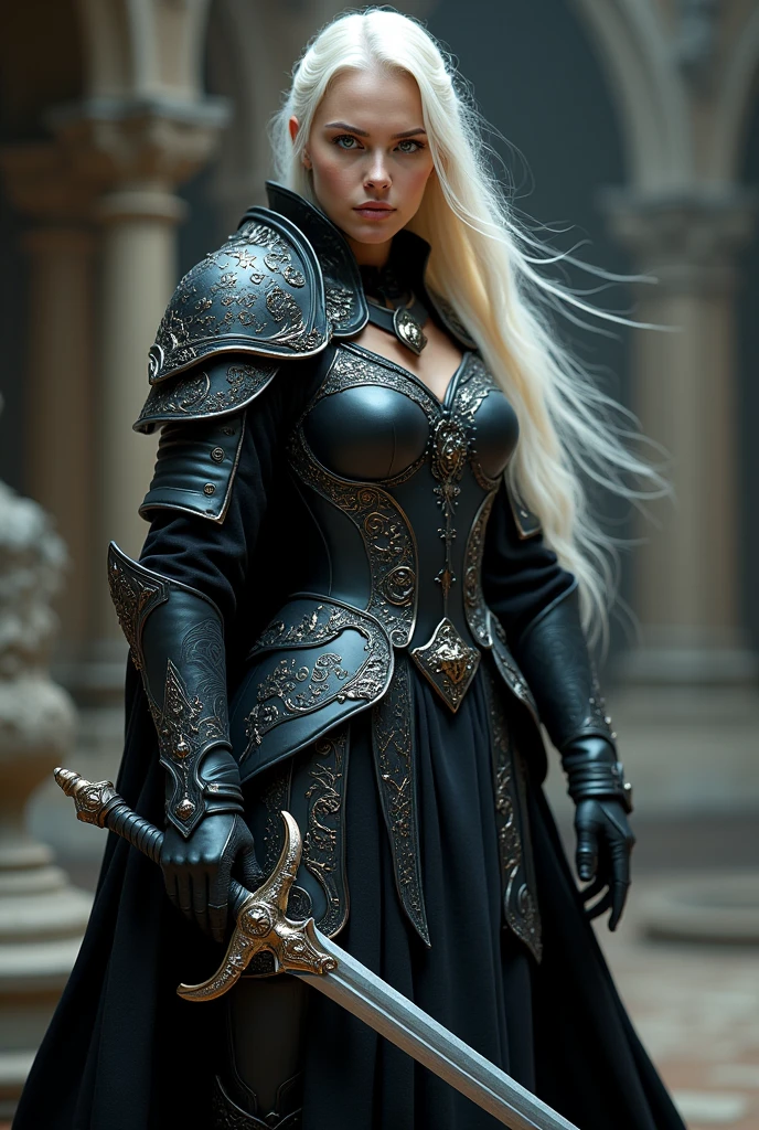 full body photo of a woman in armor holding a sword, female warrior, bikini armor female knight, fantasy warrior, beautiful armor, female knight, of a beautiful female knight, by Tyler Edlin, stunning armor, gorgeous female paladin, a sexy blonde warrior, pale black armor, dark elf, ((photography)), beautiful female warrior, elf warrior