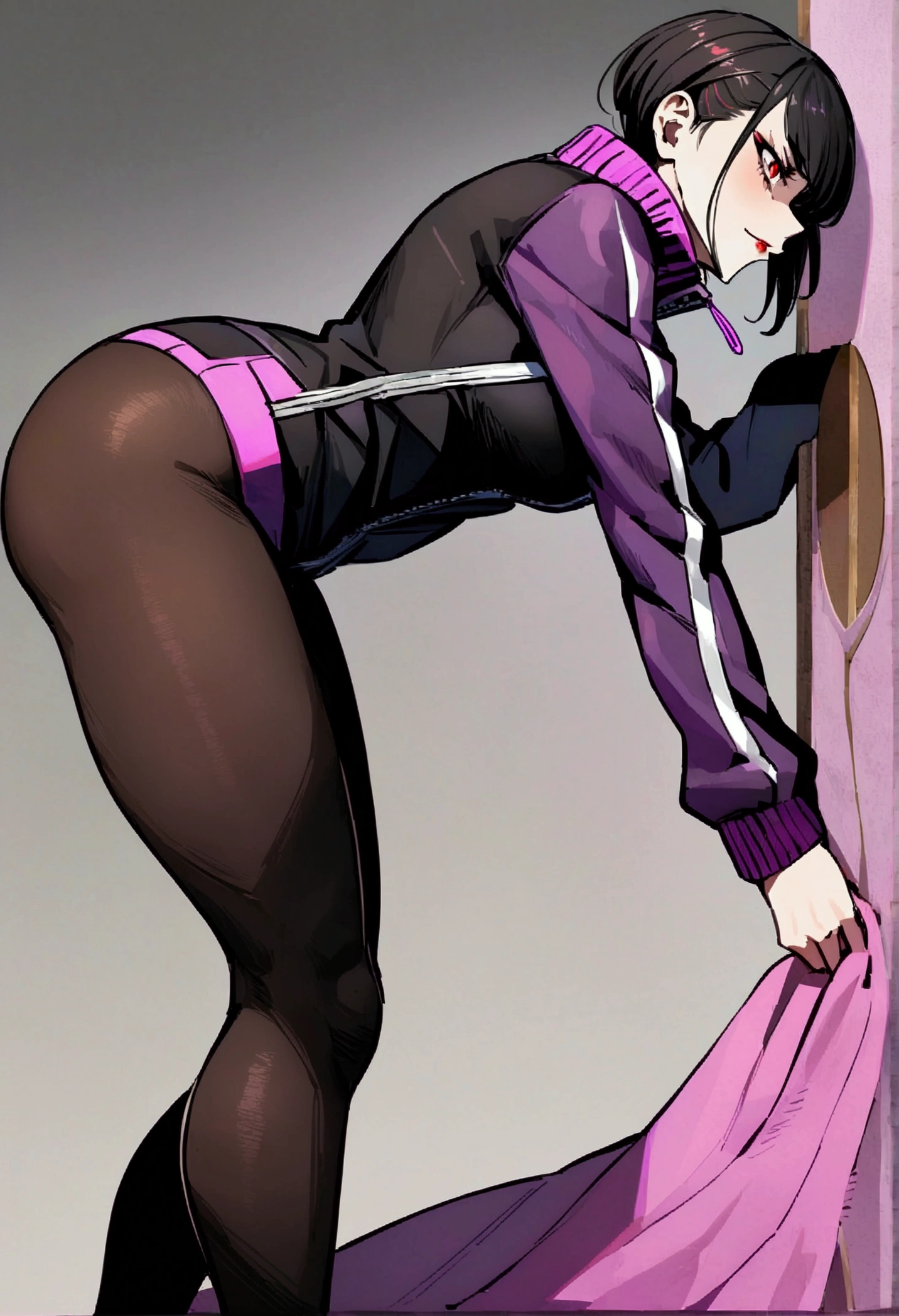 work of art,face detailed,beautiful young fitness woman with , in a gym wearing May with black pantyhose, white and purple tight short gym jacket. standing alone,red eyes glowing,Evil smile,legging preto ,labiaa,dark eye shadow,shining eyes,mao nos joelhoscrouched,neckleace,jacket zipper half open,Tight black shirt,white sports tennis shoes,short hair with purple details,beautiful curves,whole body,hair with purple details,labiaa,detailed face and eyes,work of art,sexy look,crouched,pefil from sideways,from sideways,confrontation