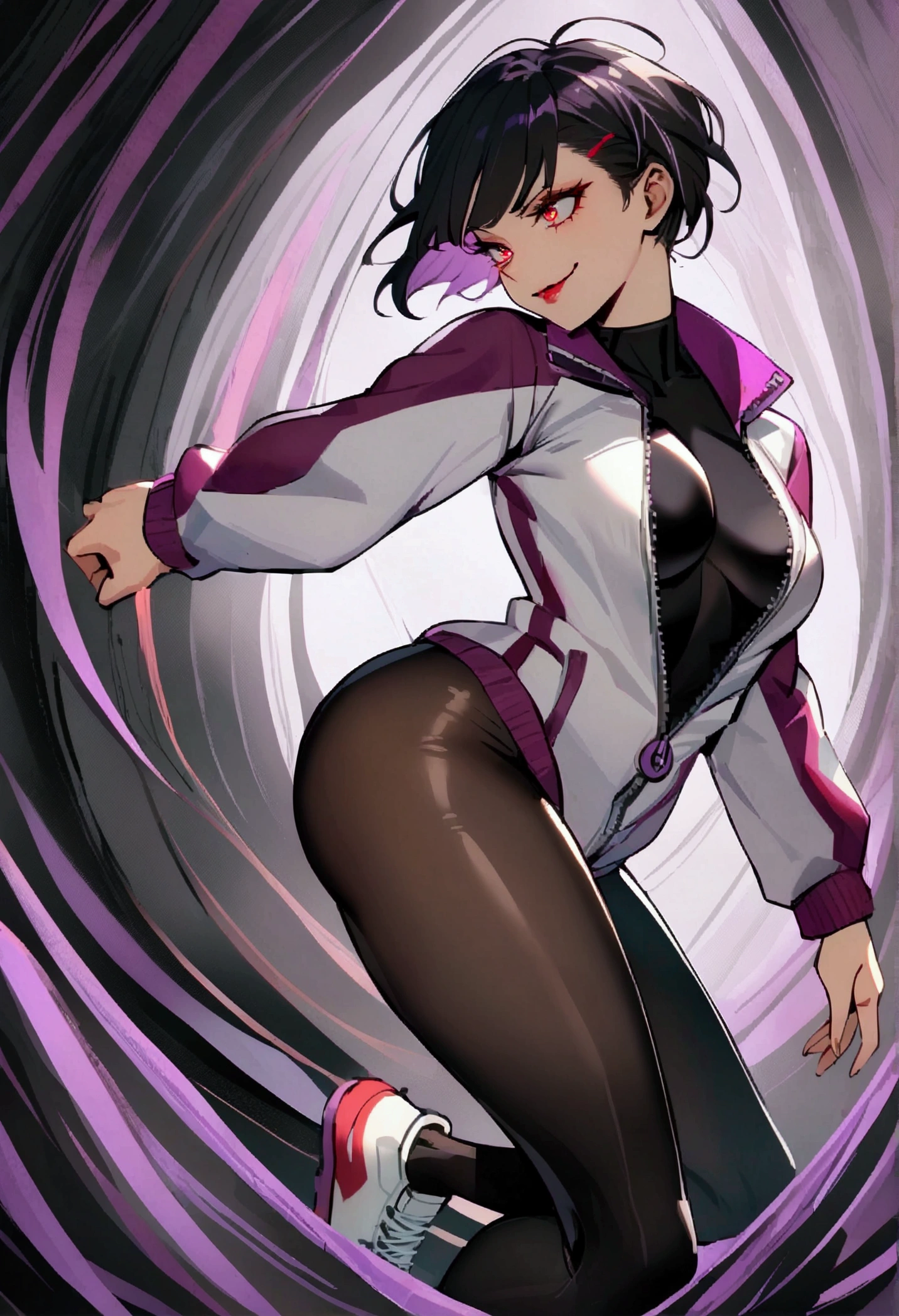 work of art,face detailed,beautiful young fitness woman with , in a gym wearing May with black pantyhose, white and purple tight short gym jacket. standing alone,red eyes glowing,Evil smile,legging preto ,labiaa,dark eye shadow,shining eyes,mao nos joelhoscrouched,neckleace,jacket zipper half open,Tight black shirt,white sports tennis shoes,short hair with purple details,beautiful curves,whole body,hair with purple details,labiaa,detailed face and eyes,work of art,sexy look,crouched,pefil from sideways,from sideways,confrontation
