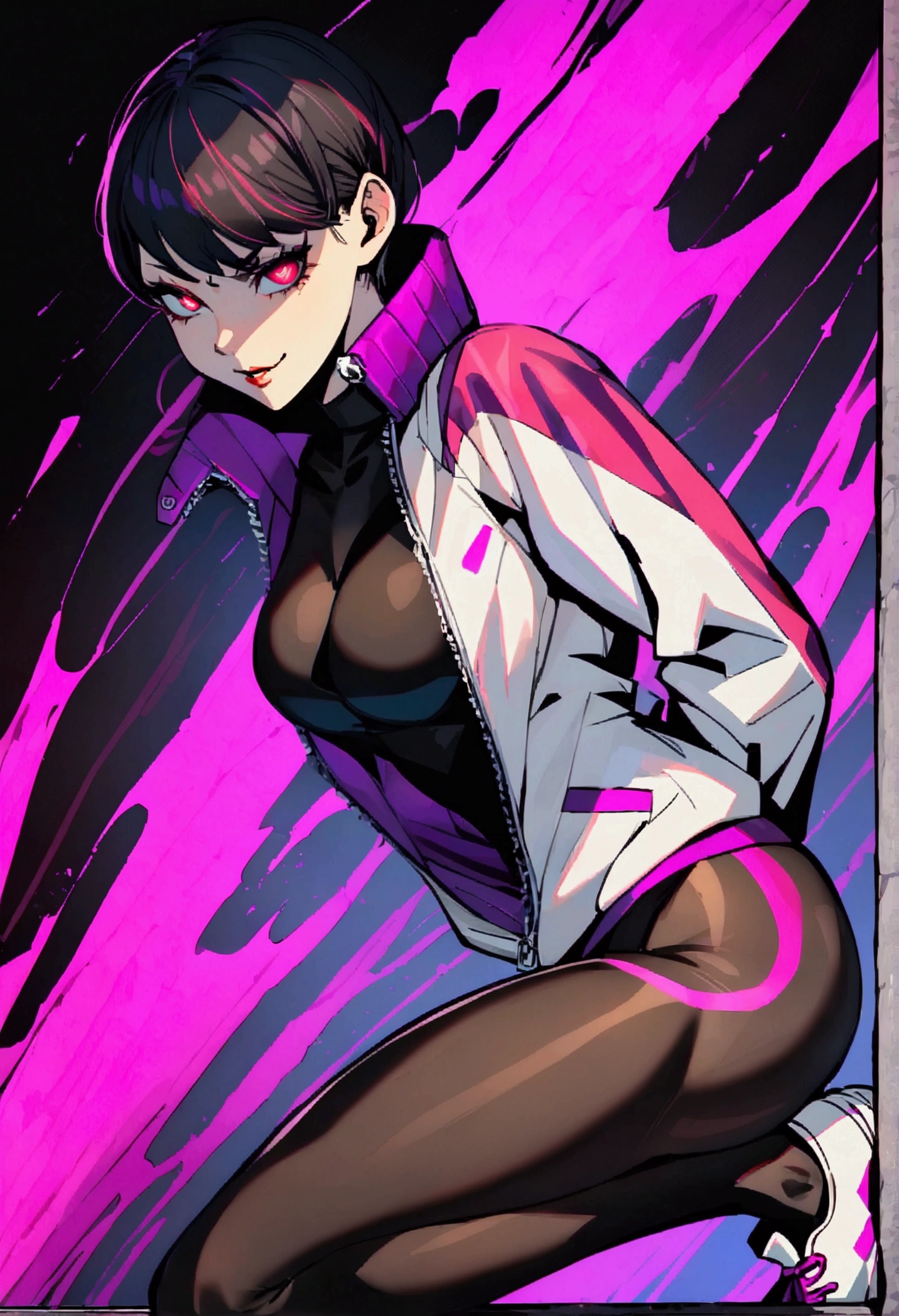 work of art,face detailed,beautiful young fitness woman with , in a gym wearing May with black pantyhose, white and purple tight short gym jacket. standing alone,red eyes glowing,Evil smile,legging preto ,labiaa,dark eye shadow,shining eyes,mao nos joelhoscrouched,neckleace,jacket zipper half open,Tight black shirt,white sports tennis shoes,short hair with purple details,beautiful curves,whole body,hair with purple details,labiaa,detailed face and eyes,work of art,sexy look,crouched,pefil from sideways,from sideways,confrontation
