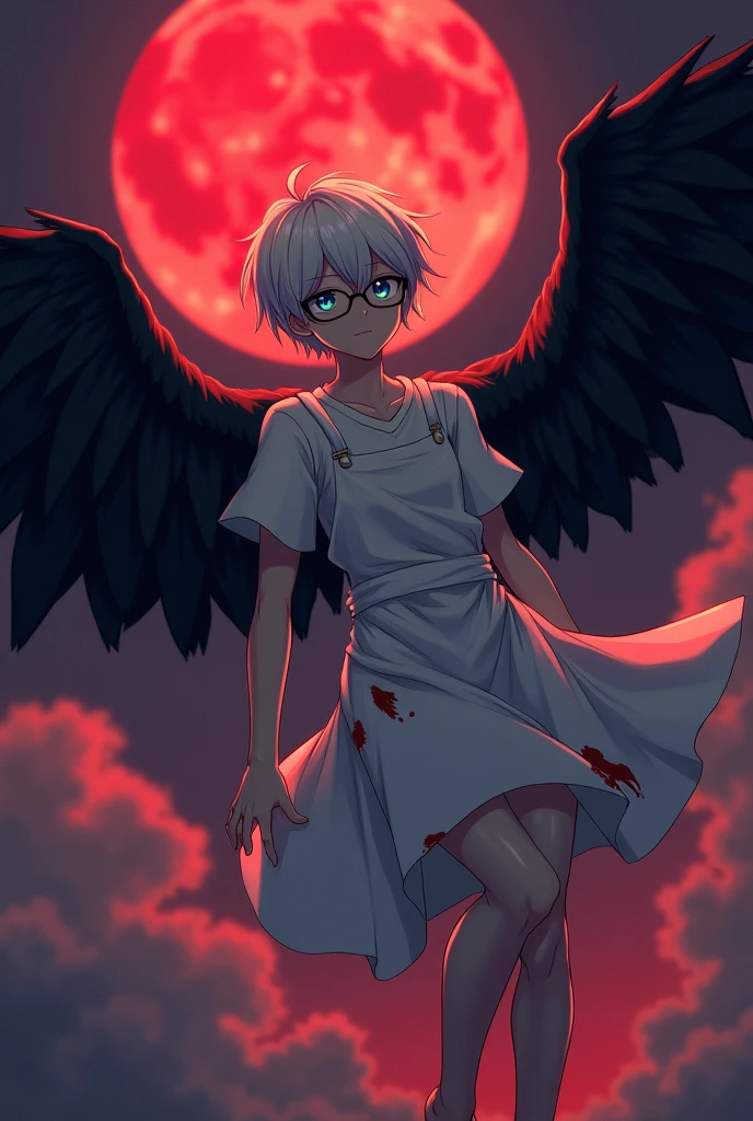 A 16 year old boy with raven wings, he has short white hair, he is wearing an apron, he has fair skin, his right eye is green and his left eye is blue, he is wearing blue latex underwear and is not wearing shoes, he is wearing glasses and is flying during a red moon, his apron is covered in blood and this image has to be in anime, the boy cannot have a beard and he has to be quite handsome.